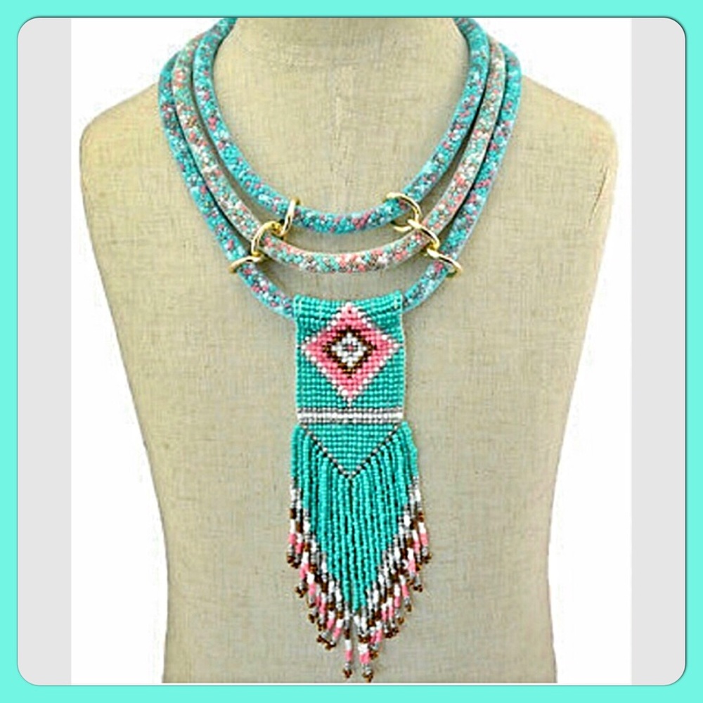 ✨Ethnic Festival/Boho Turq.Beaded Tassel Necklace✨